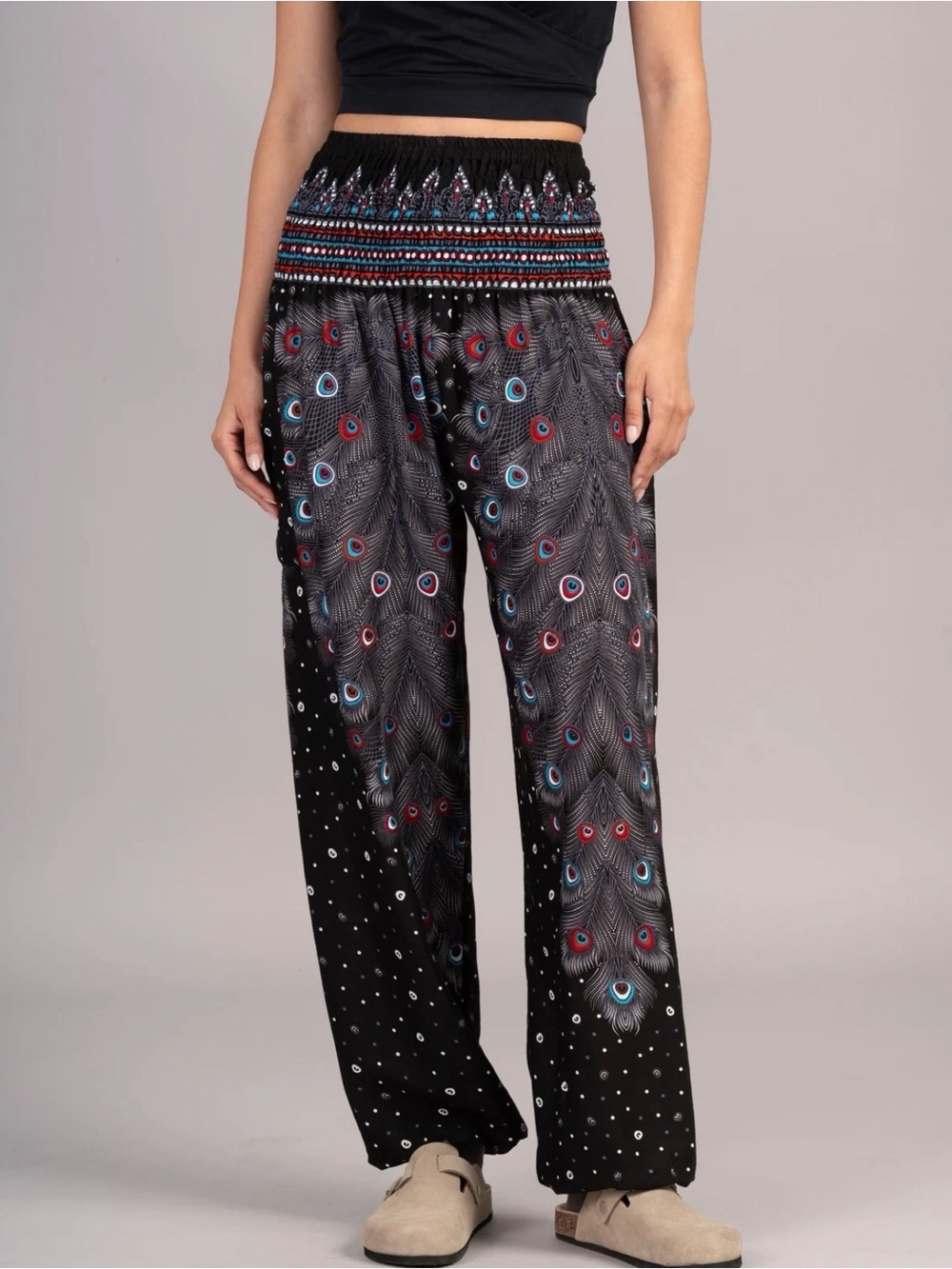 women’s Peacock Feather Print Boho Barrel Harem Yoga Hippie Pants Large